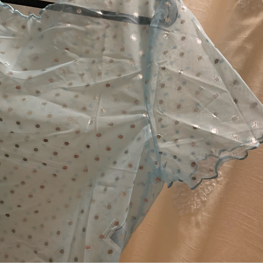 Baby Blue Mesh Crop Top with Silver Metallic Polkadots and Lettuce Trim Hem NWOT - Picture 8 of 12